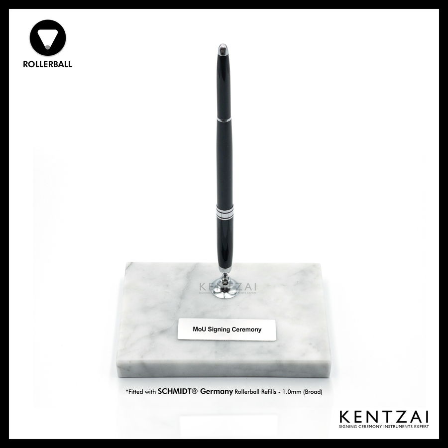 KENTZAI Desk Pen Stand - WHITE Marble Carrara Chrome Trim (SINGLE Pen) - Rollerball - Signing Ceremony Set - KSGILLS.com | The Writing Instruments Expert