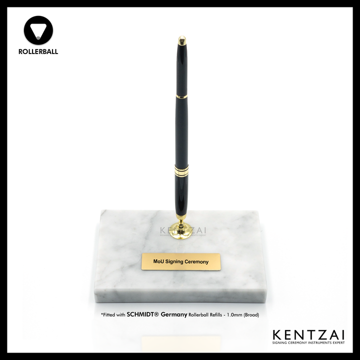 KENTZAI Desk Pen Stand - WHITE Marble Carrara Gold Trim (SINGLE Pen) - Rollerball - Signing Ceremony Set - KSGILLS.com | The Writing Instruments Expert