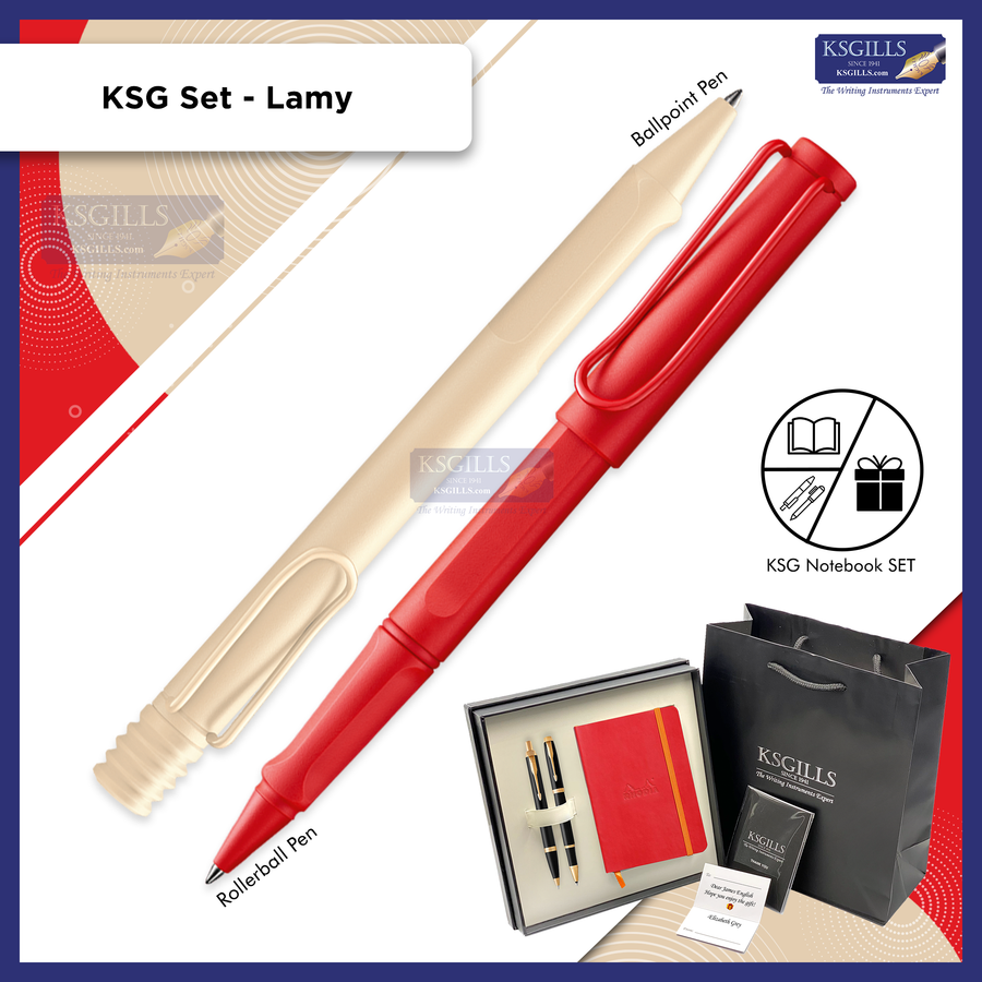 KSG set - Notebook SET & Double Pens (Lamy Safari Rollerball & Ballpoint Pen - Strawberry Cream Special Edition) with RHODIA A6 Notebook - KSGILLS.com | The Writing Instruments Expert