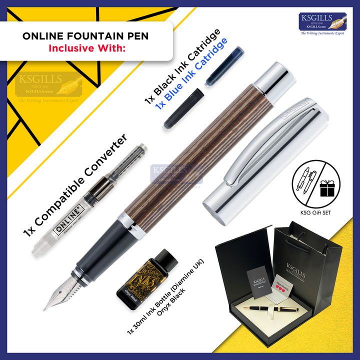 ONLINE Vision Nature Fountain Pen SET - African Maroon Brown Wood - KSGILLS.com | The Writing Instruments Expert