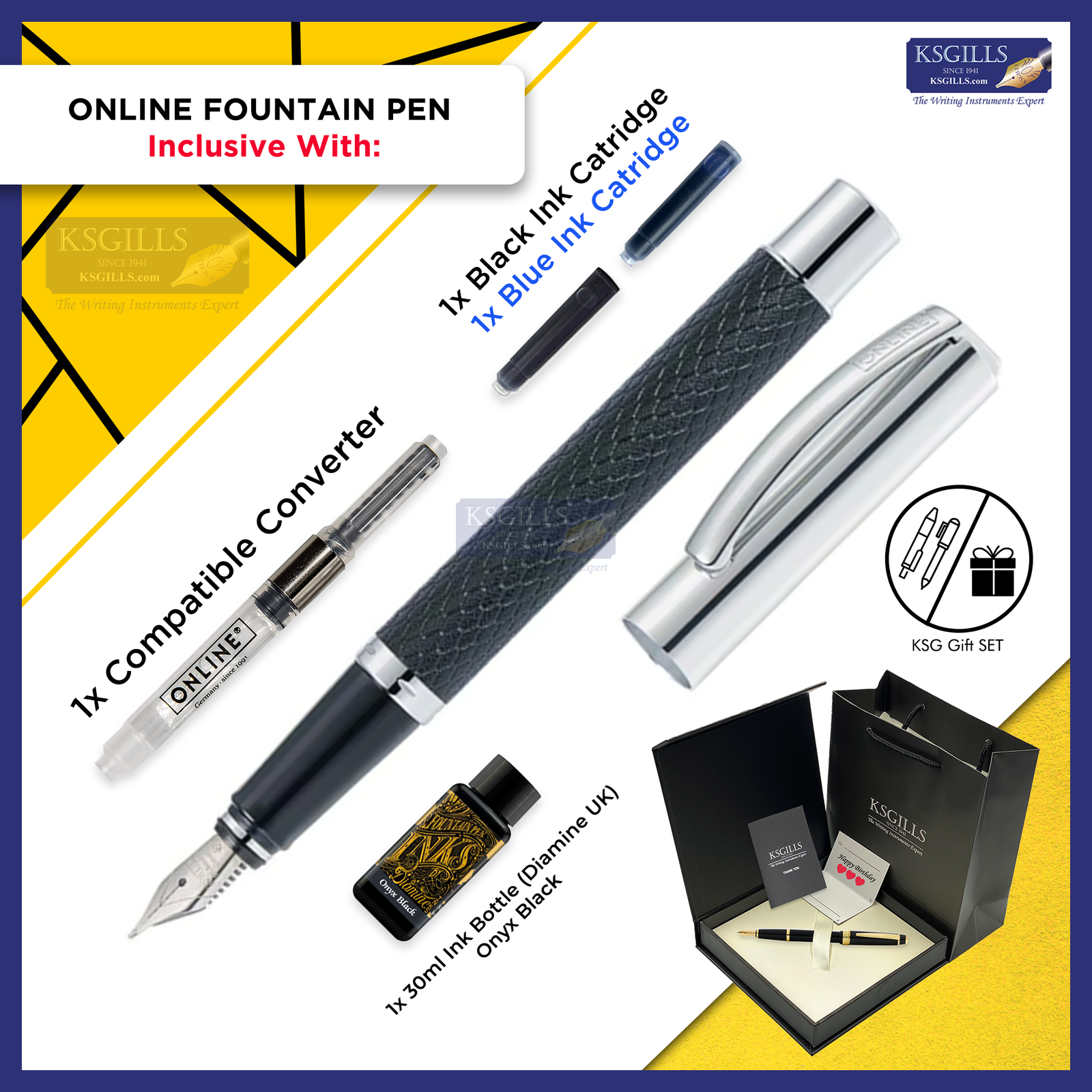 ONLINE Vision Profile Fountain Pen SET - Black Chrome Trim - KSGILLS.com | The Writing Instruments Expert