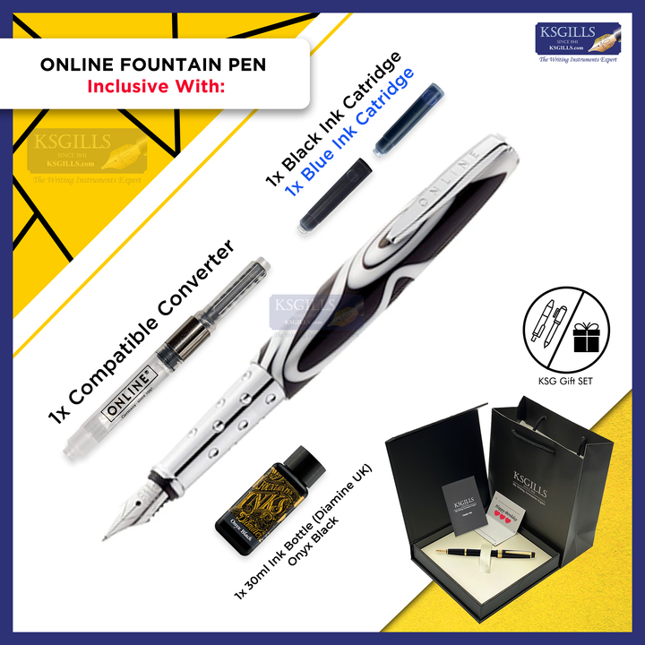 Online Retro Fountain Pen SET - Black Swirls (Mini Pocket Size Pen) - KSGILLS.com | The Writing Instruments Expert