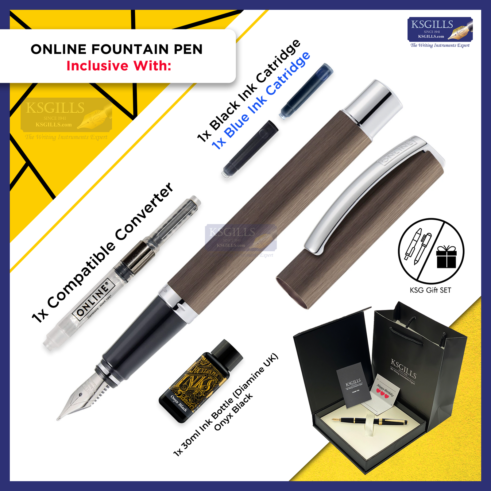 ONLINE Vision Classic Fountain Pen SET - Brown Chrome Trim - KSGILLS.com | The Writing Instruments Expert