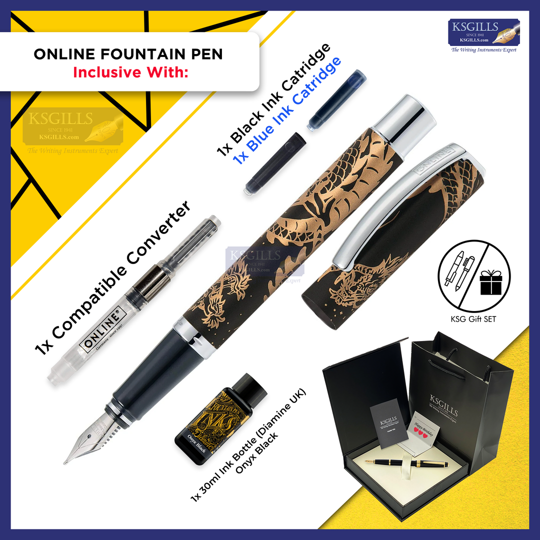 ONLINE Vision Specials Fountain Pen SET - Dragon Spirit Brown Black Chrome Trim (Limited Edition) - KSGILLS.com | The Writing Instruments Expert