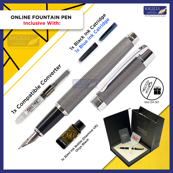ONLINE Stone Fountain Pen SET - Grey Metallic - KSGILLS.com | The Writing Instruments Expert