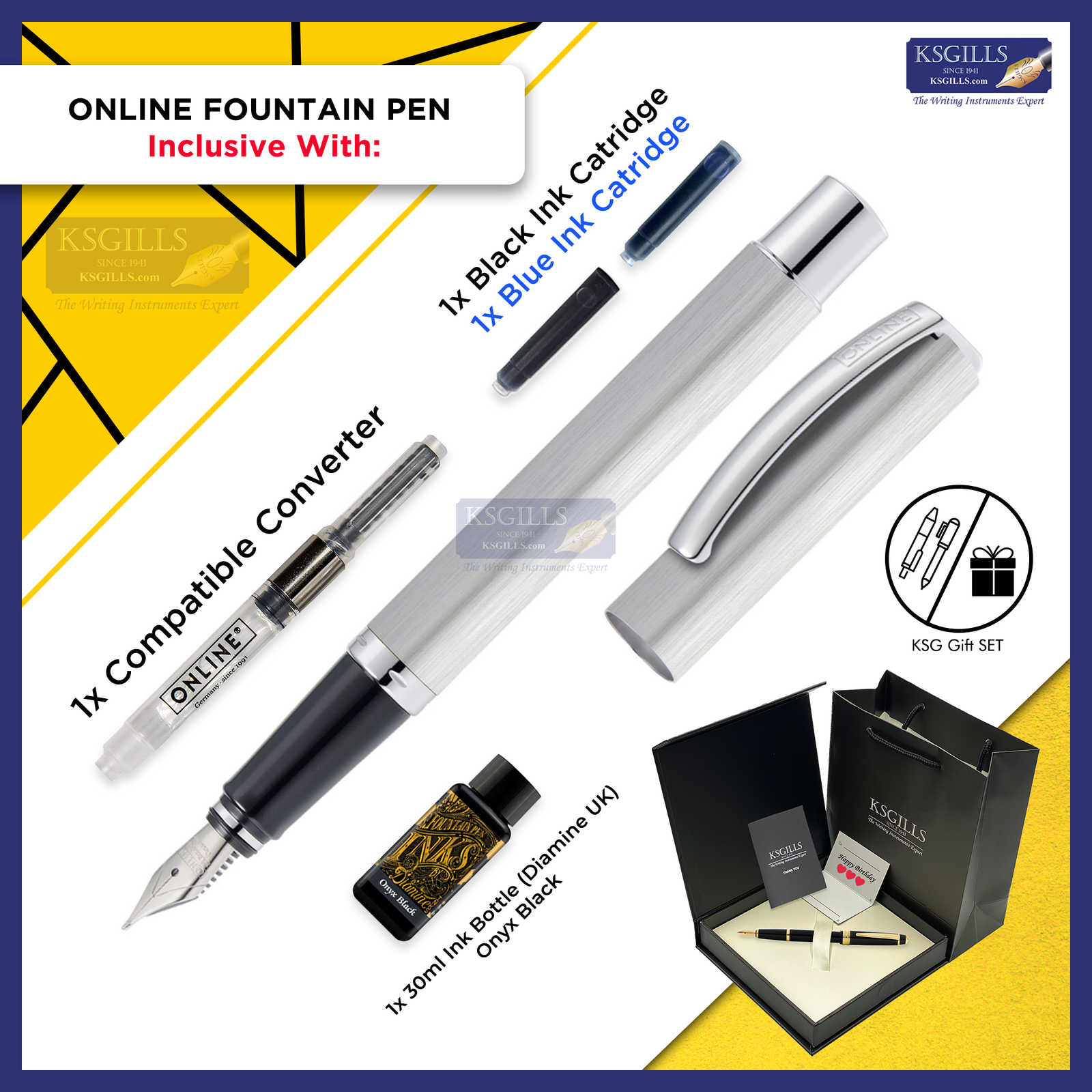 ONLINE Vision Classic Fountain Pen SET - Silver Chrome Trim - KSGILLS.com | The Writing Instruments Expert