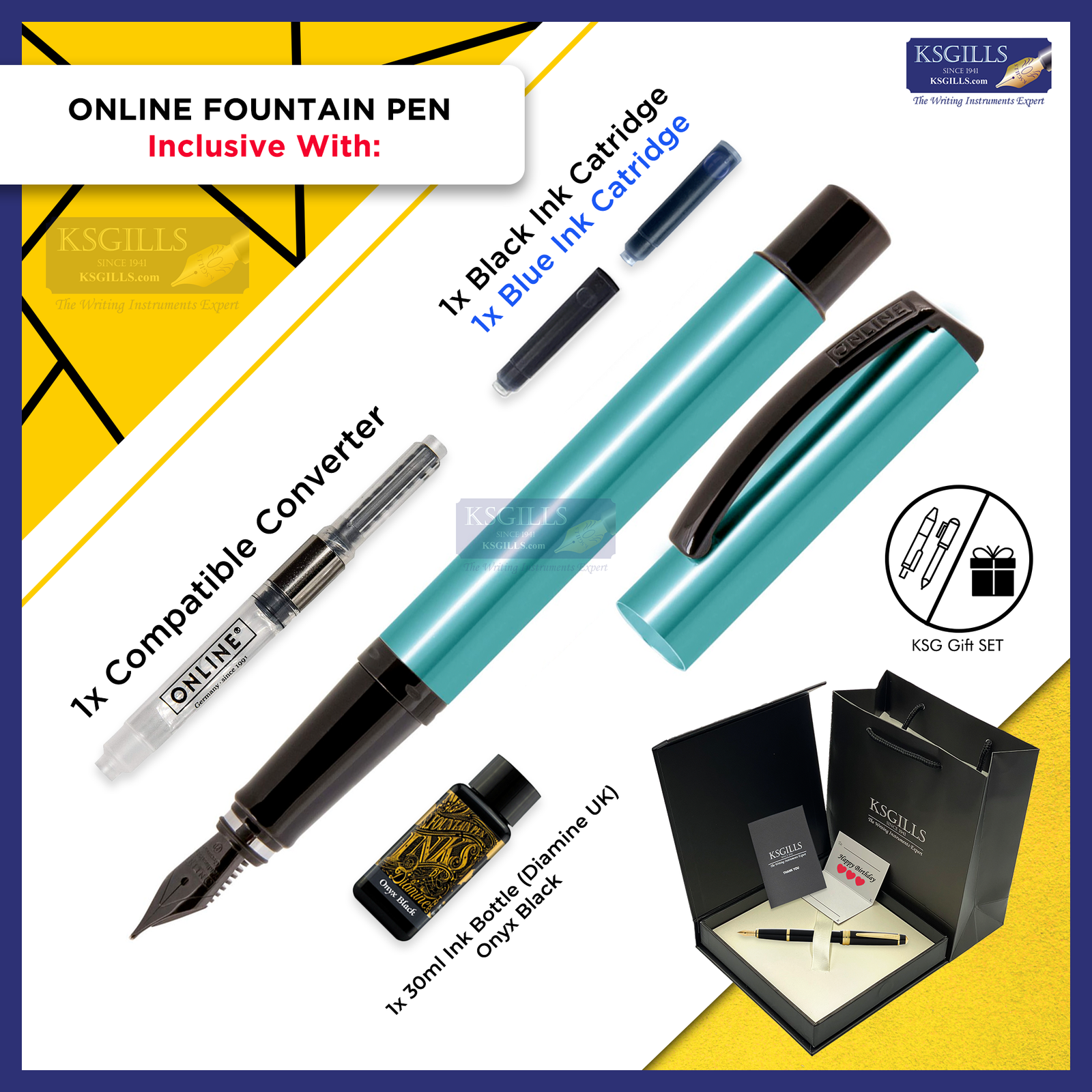 ONLINE Vision Magic Fountain Pen SET - Turquoise Black Trim - KSGILLS.com | The Writing Instruments Expert