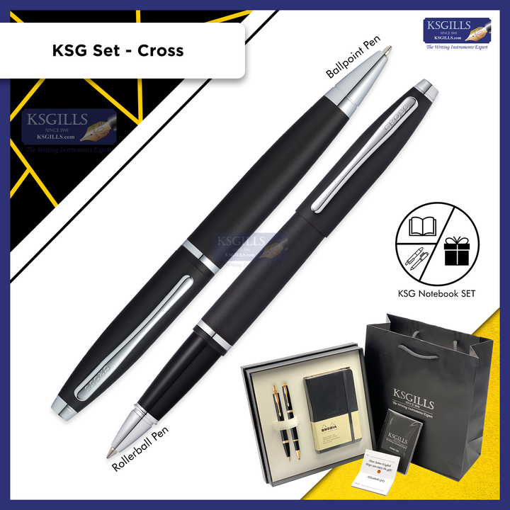KSG set - Notebook SET & Double Pens (Cross Calais Rollerball & Ballpoint Pen - Matte Black Chrome Trim) with RHODIA A6 Notebook - KSGILLS.com | The Writing Instruments Expert
