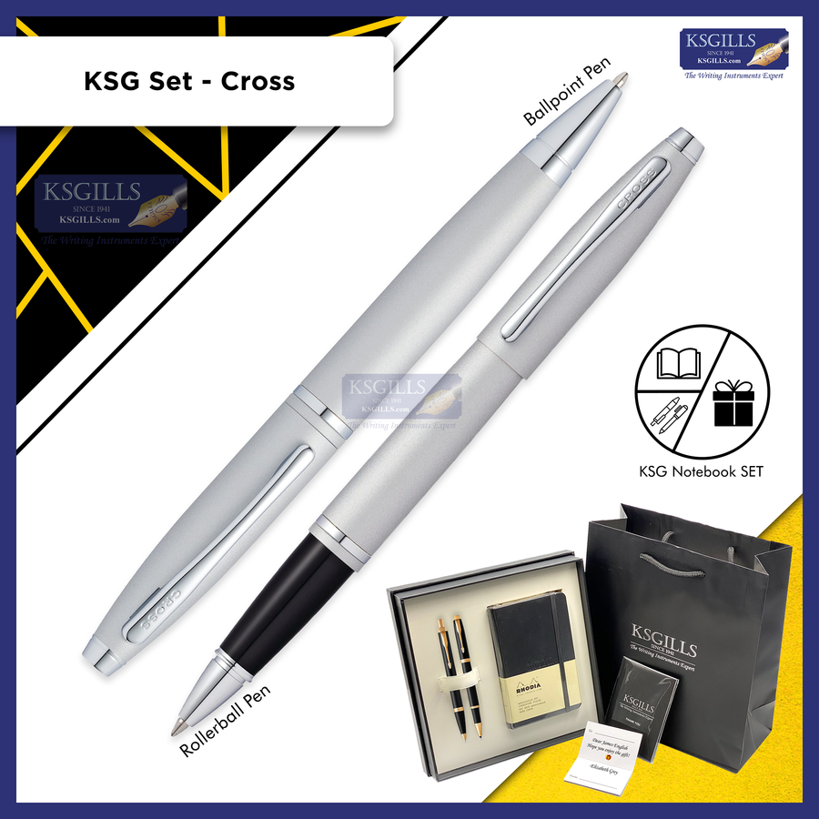 KSG set - Notebook SET & Double Pens (Cross Calais Rollerball & Ballpoint Pen - Satin Chrome Trim) with RHODIA A6 Notebook - KSGILLS.com | The Writing Instruments Expert