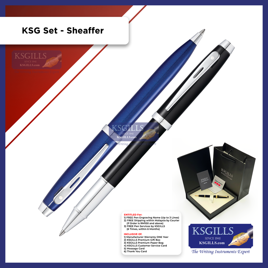 KSG set - Sheaffer 100 Rollerball (Black Chrome Trim) & Ballpoint Pen (Blue Chrome Trim) - KSGILLS.com | The Writing Instruments Expert