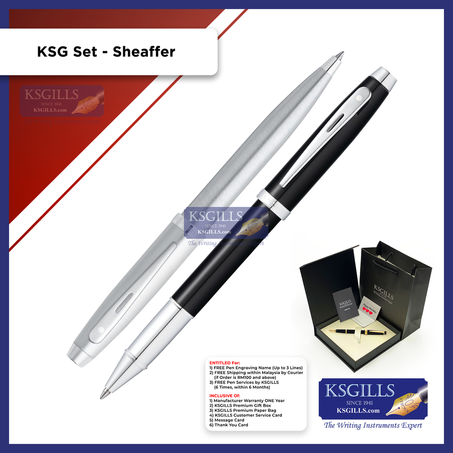 KSG set - Sheaffer 100 Rollerball (Black Chrome Trim) & Ballpoint Pen (Brushed Steel Chrome Trim) - KSGILLS.com | The Writing Instruments Expert