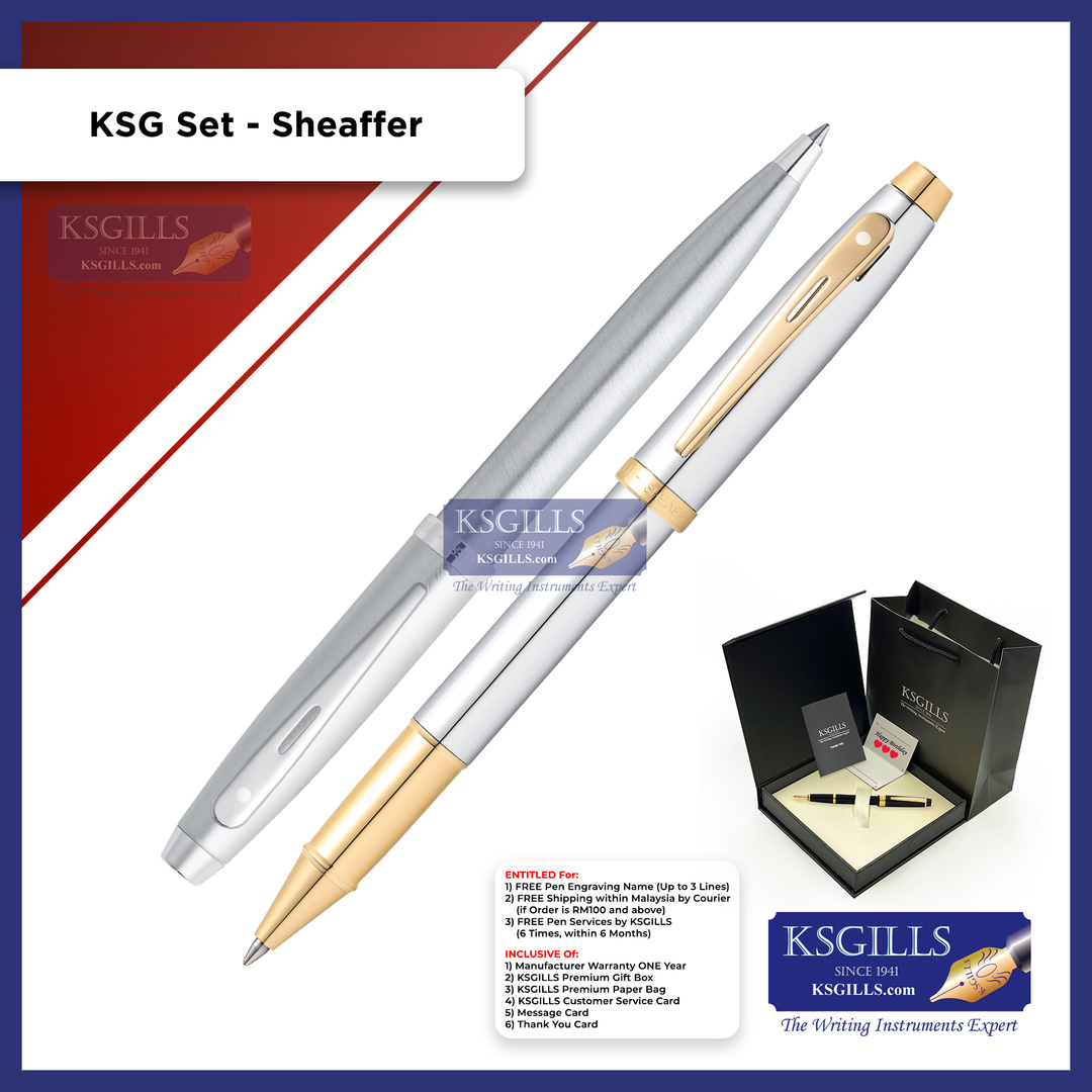 KSG set - Sheaffer 100 Rollerball (Glossy Chrome Gold Trim) & Ballpoint Pen (Brushed Steel Chrome Trim) - KSGILLS.com | The Writing Instruments Expert
