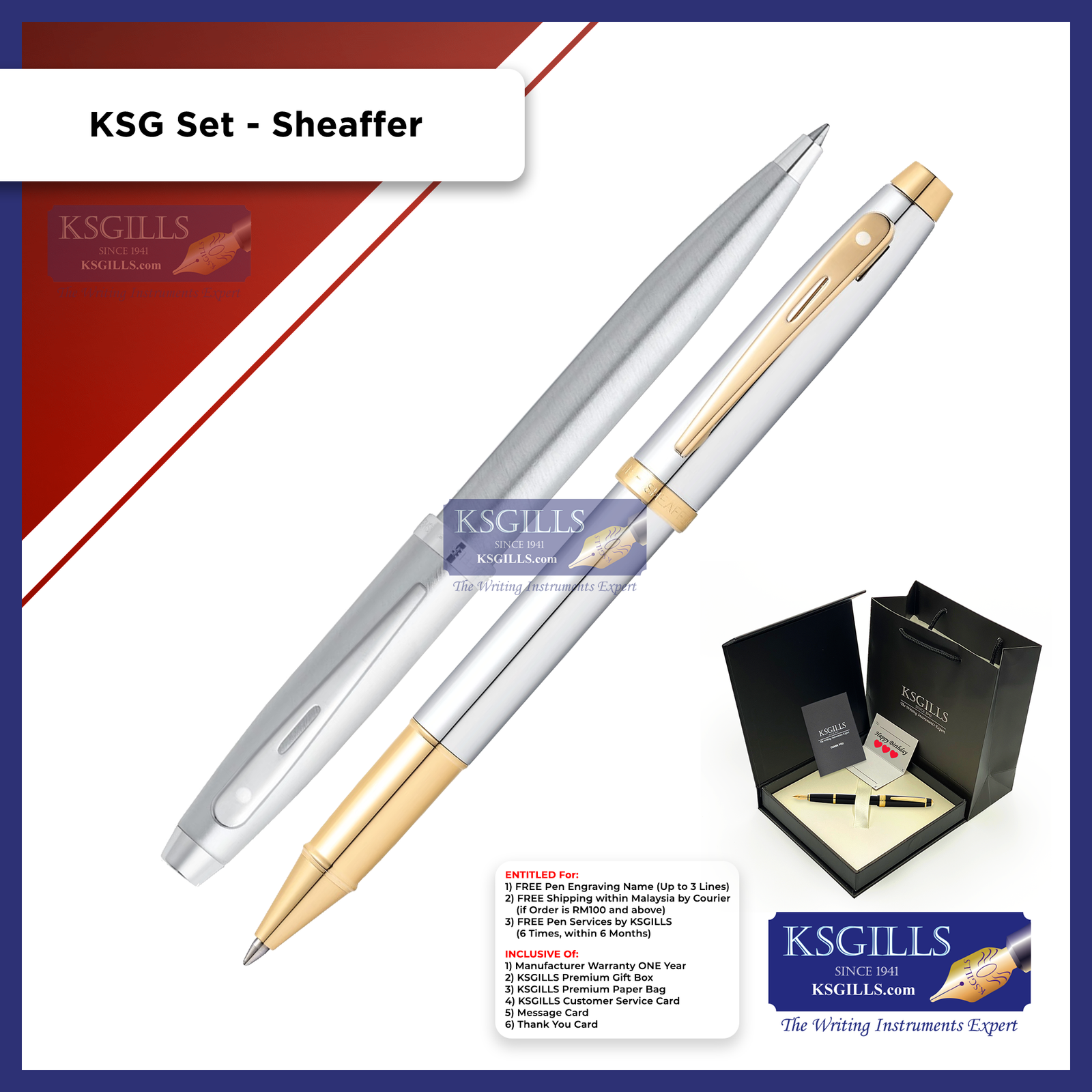KSG set - Sheaffer 100 Rollerball (Glossy Chrome Gold Trim) & Ballpoint Pen (Brushed Steel Chrome Trim) - KSGILLS.com | The Writing Instruments Expert