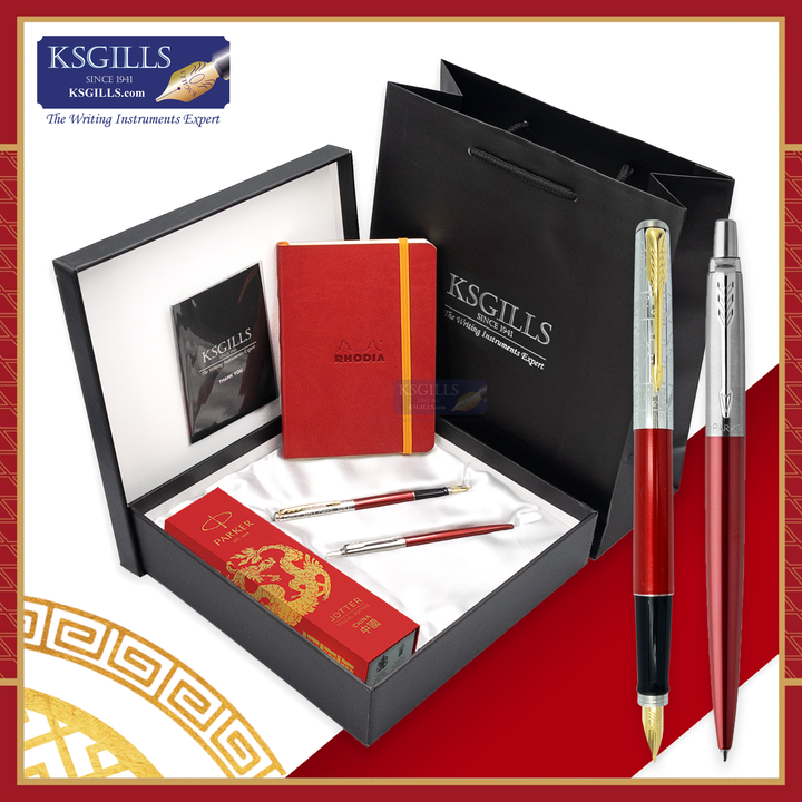 KSG Set - Notebook SET & Double Pens (Parker Jotter Classic Fountain Pen & Ballpoint Pen - Dragon Red [Chinese New Year] Special Edition) with RHODIA A6 Notebook - KSGILLS.com | The Writing Instruments Expert