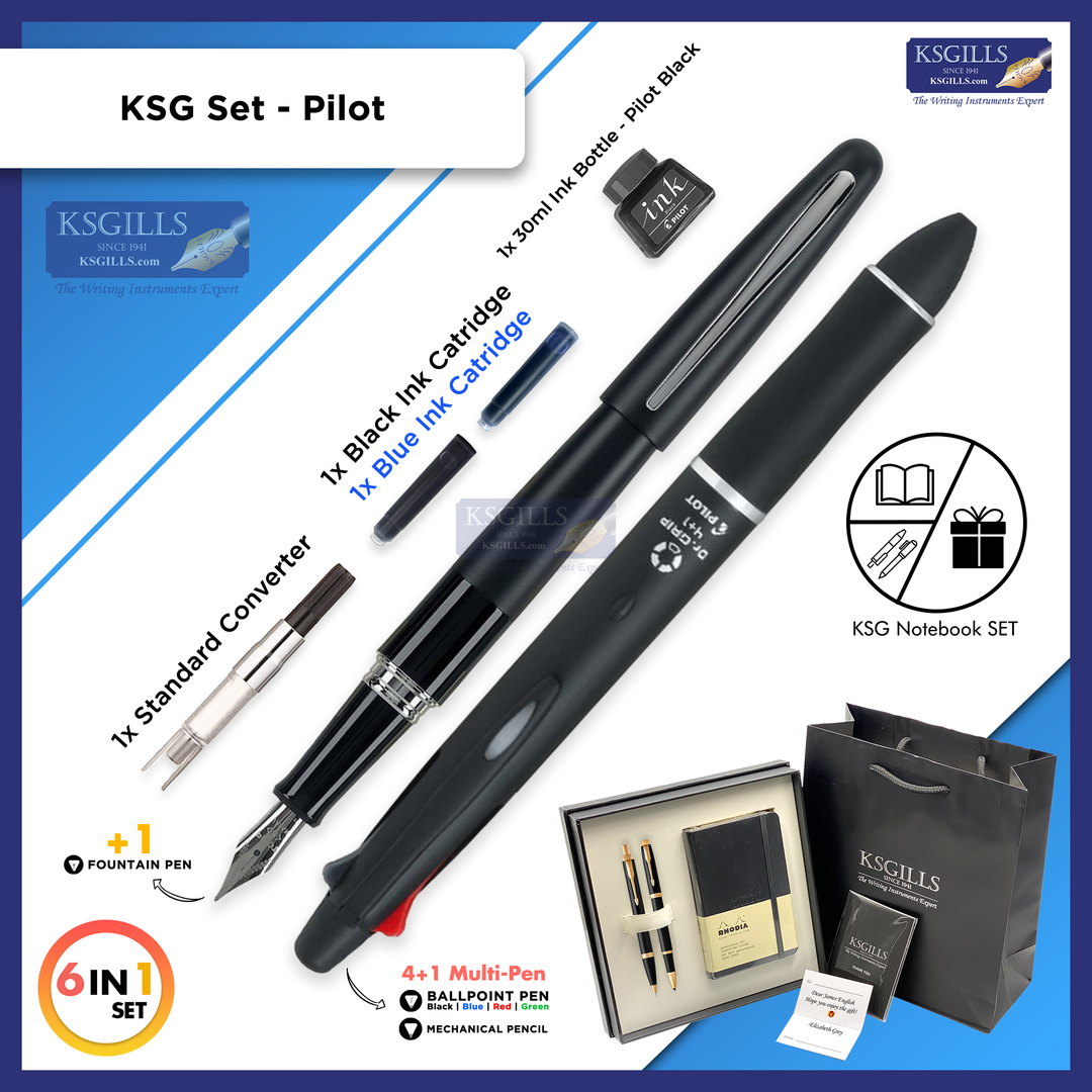 KSG set - Notebook SET & Double Pens (Pilot Metropolitan Fountain Pen & Pilot Dr. Grip Multifunction Pen 4+1 - Black) with RHODIA A6 Notebook - KSGILLS.com | The Writing Instruments Expert