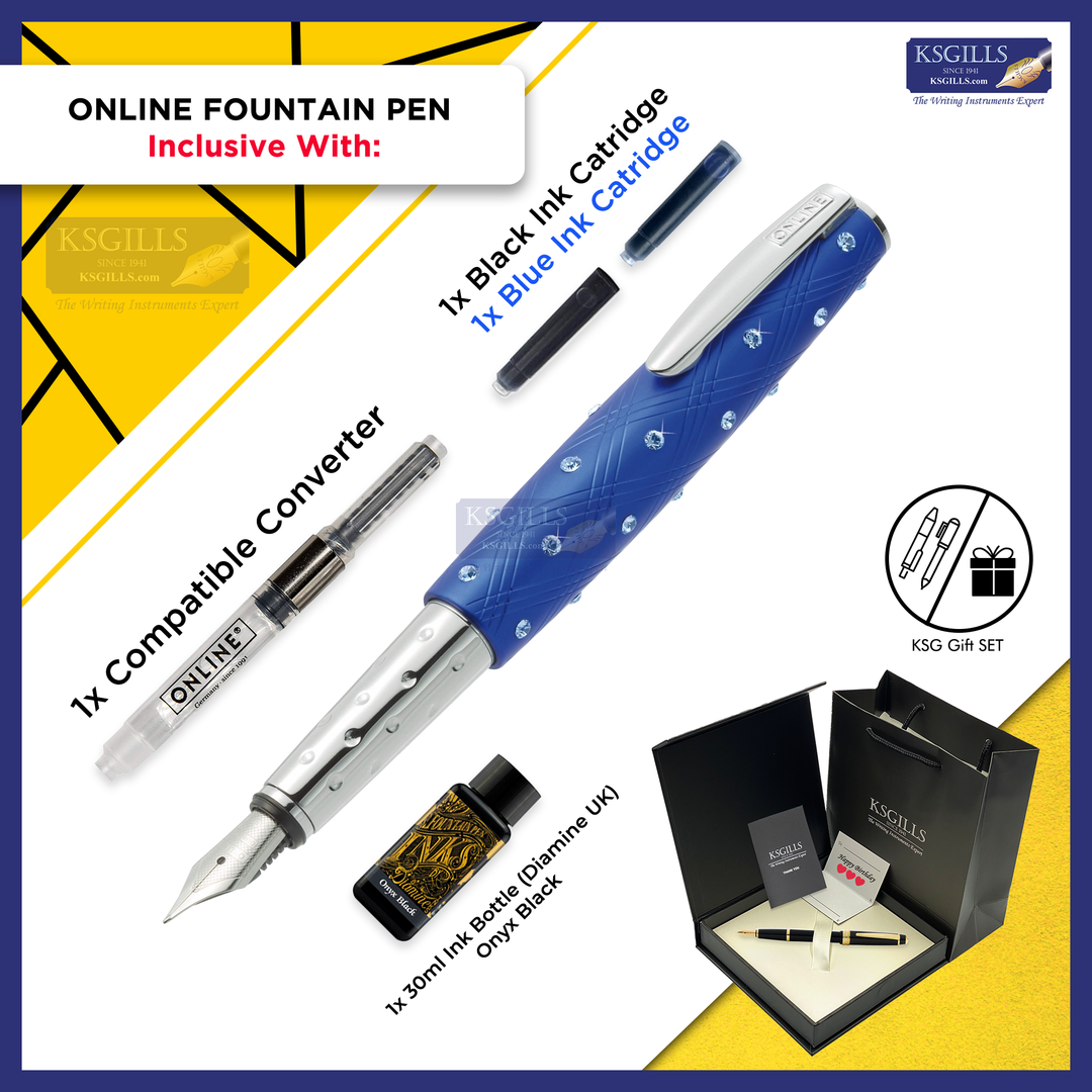 Online Crystal Fountain Pen SET - Blue (with SWAROVSKI) - KSGILLS.com | The Writing Instruments Expert