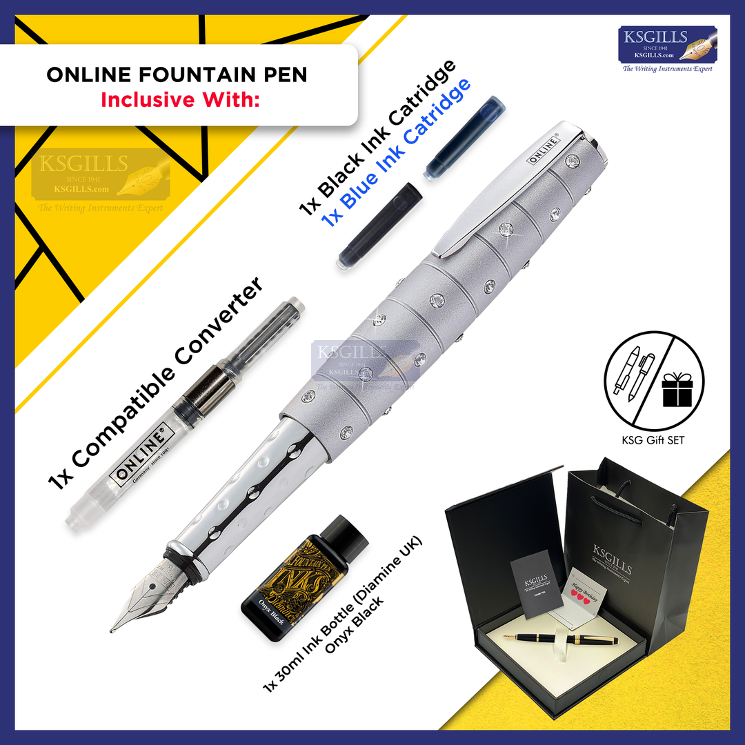Online Crystal Fountain Pen SET - Silver (with SWAROVSKI) - KSGILLS.com | The Writing Instruments Expert