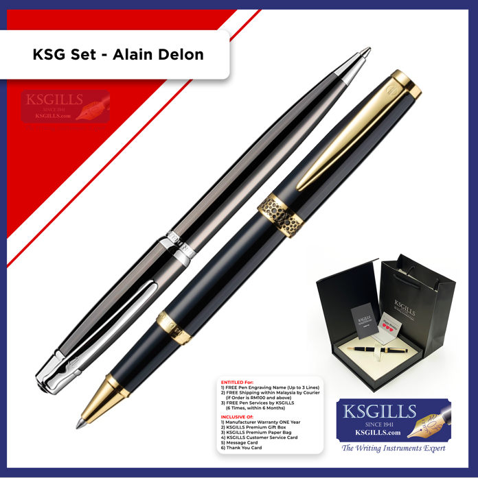 KSG set - Alain Delon Rollerball (Florence Black Gold Trim) & Ballpoint Pen (Deco Grey Titanium Chrome Trim) - KSGILLS.com | The Writing Instruments Expert