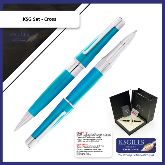 KSG set - Cross Beverly Rollerball Pen & Ballpoint Pen - Translucent Teal Lacquer - KSGILLS.com | The Writing Instruments Expert