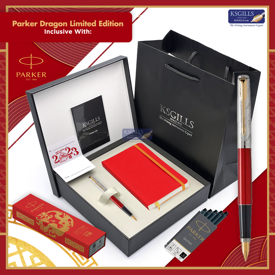 KSG Set - Notebook SET & Fountain Pen (Parker Jotter Classic Fountain Pen Dragon Red Special Edition) with RHODIA A6 Notebook - KSGILLS.com | The Writing Instruments Expert
