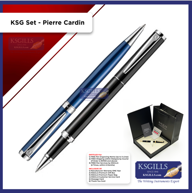 KSG set - Pierre Cardin Rollerball (Black Chrome Trim) & Ballpoint Pen (Newton Blue Chrome Trim) - KSGILLS.com | The Writing Instruments Expert