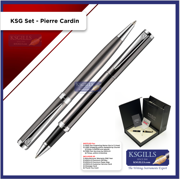 KSG set - Pierre Cardin Rollerball (Grey Titanium Chrome Trim) & Ballpoint Pen (Newton Grey Titanium Chrome Trim) - KSGILLS.com | The Writing Instruments Expert