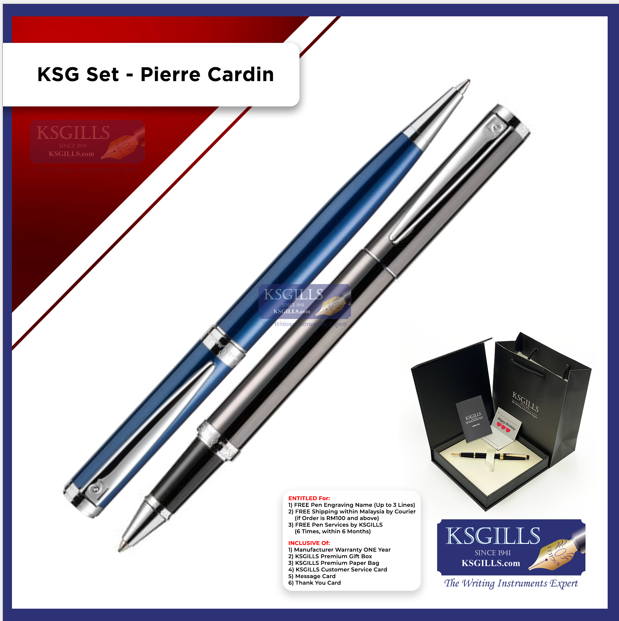 KSG set - Pierre Cardin Rollerball (Grey Titanium Chrome Trim) & Ballpoint Pen (Newton Blue Chrome Trim) - KSGILLS.com | The Writing Instruments Expert