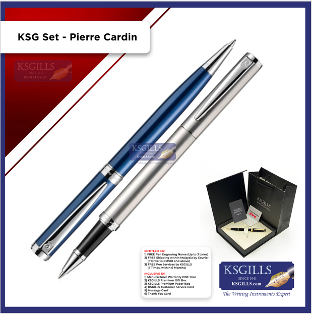 KSG set - Pierre Cardin Rollerball (Stainless Steel Chrome Trim) & Ballpoint Pen (Newton Blue Chrome Trim) - KSGILLS.com | The Writing Instruments Expert