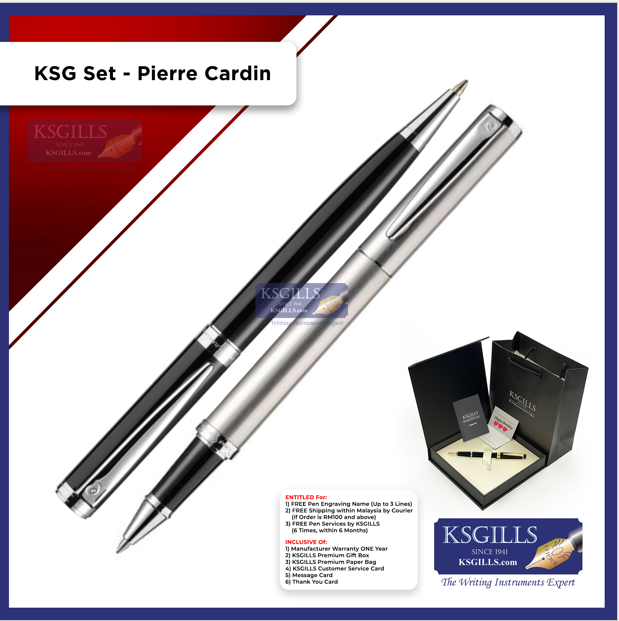 KSG set - Pierre Cardin Rollerball (Stainless Steel Chrome Trim) & Ballpoint Pen (Newton Black Chrome Trim) - KSGILLS.com | The Writing Instruments Expert