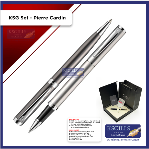 KSG set - Pierre Cardin Rollerball (Stainless Steel Chrome Trim) & Ballpoint Pen (Newton Grey Titanium Chrome Trim) - KSGILLS.com | The Writing Instruments Expert