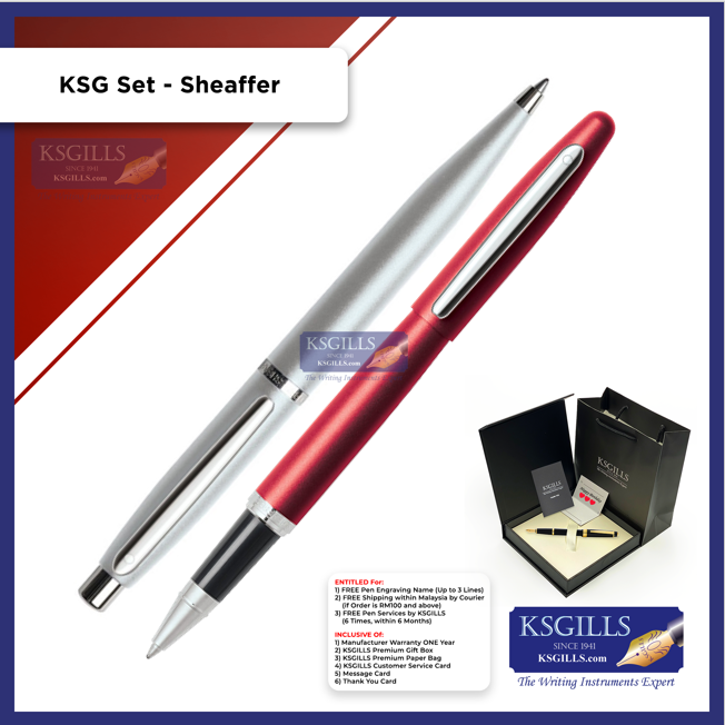 KSG set - Sheaffer VFM SET Rollerball Pen Red Matte Excessive & Ballpoint Pen Silver Strobe Nickel (with KSGILLS Premium Gift Box) - KSGILLS.com | The Writing Instruments Expert