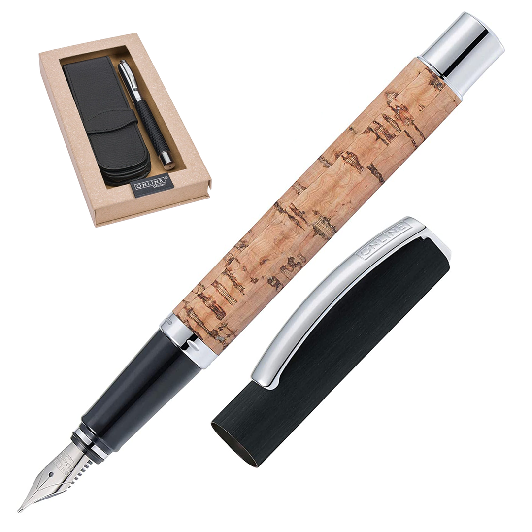ONLINE Vision Profile Fountain Pen SET - Cork Brown Chrome Trim (with Leather Case) - KSGILLS.com | The Writing Instruments Expert