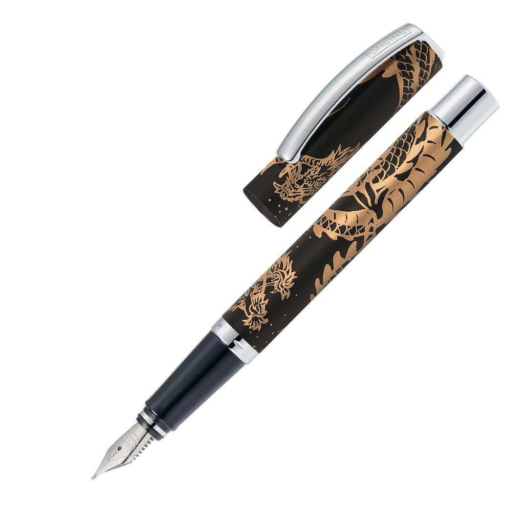 ONLINE Vision Specials Fountain Pen SET - Dragon Spirit Brown Black Chrome Trim (Limited Edition) - KSGILLS.com | The Writing Instruments Expert