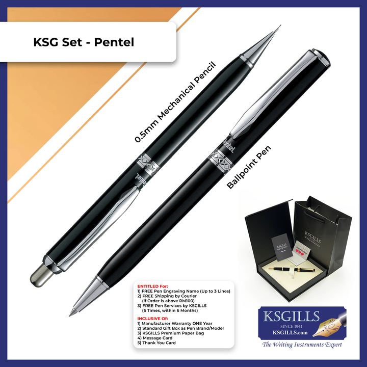 KSG set - Pentel Sterling Ballpoint & Mechanical Pencil (0.5mm) - Black Chrome Trim (with KSGILLS Premium Gift Box) - KSGILLS.com | The Writing Instruments Expert