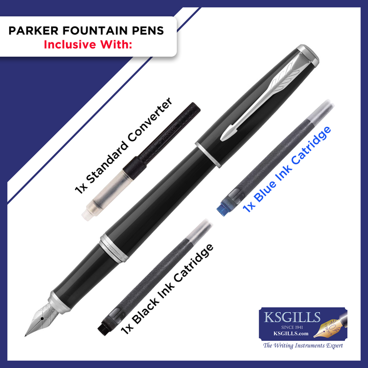 Parker Urban Fountain Pen - Black Shinny Chrome Trim - Medium (M) - KSGILLS.com | The Writing Instruments Expert