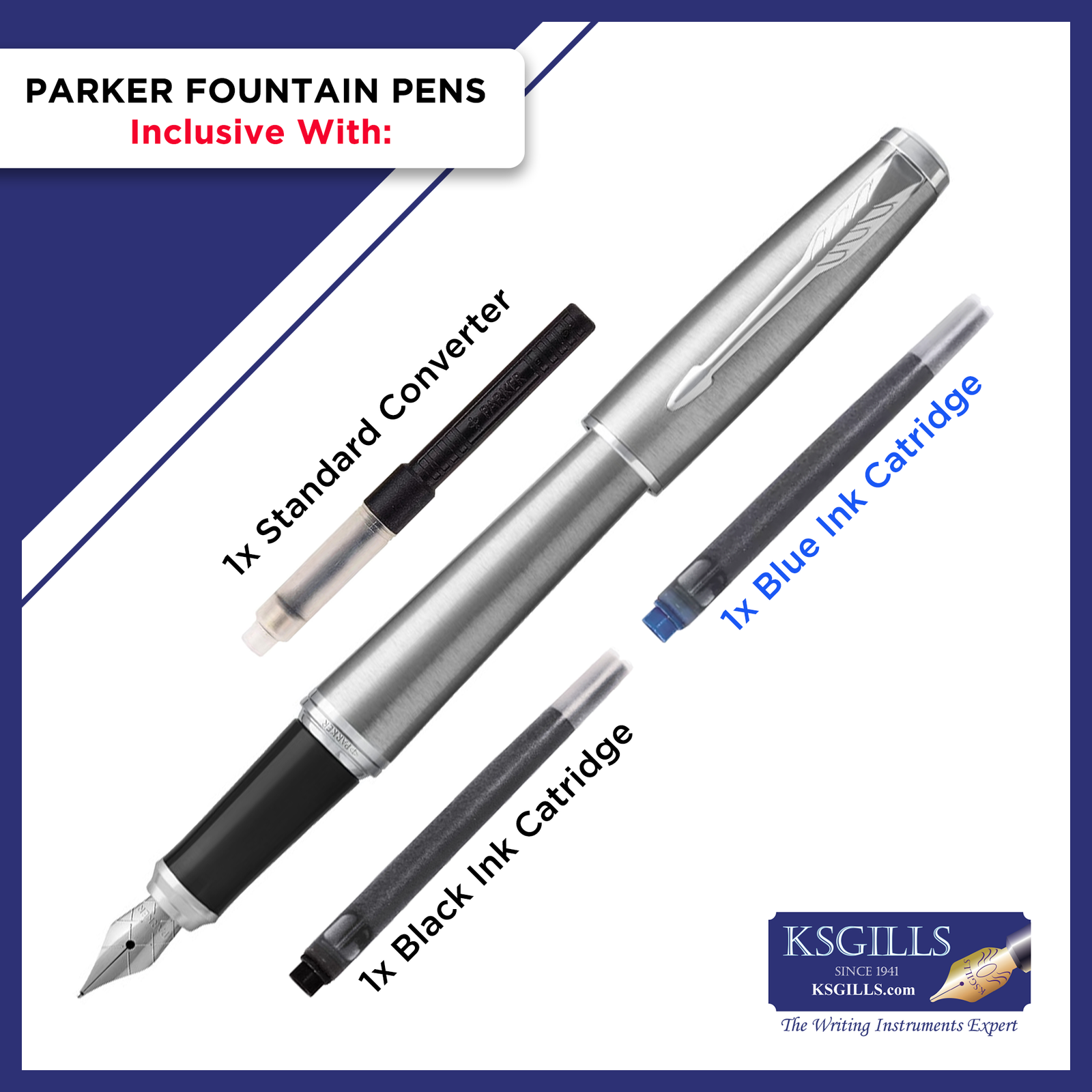 Parker Urban Fountain Pen - Brushed Metro Metallic Chrome Trim - Medium (M) - KSGILLS.com | The Writing Instruments Expert