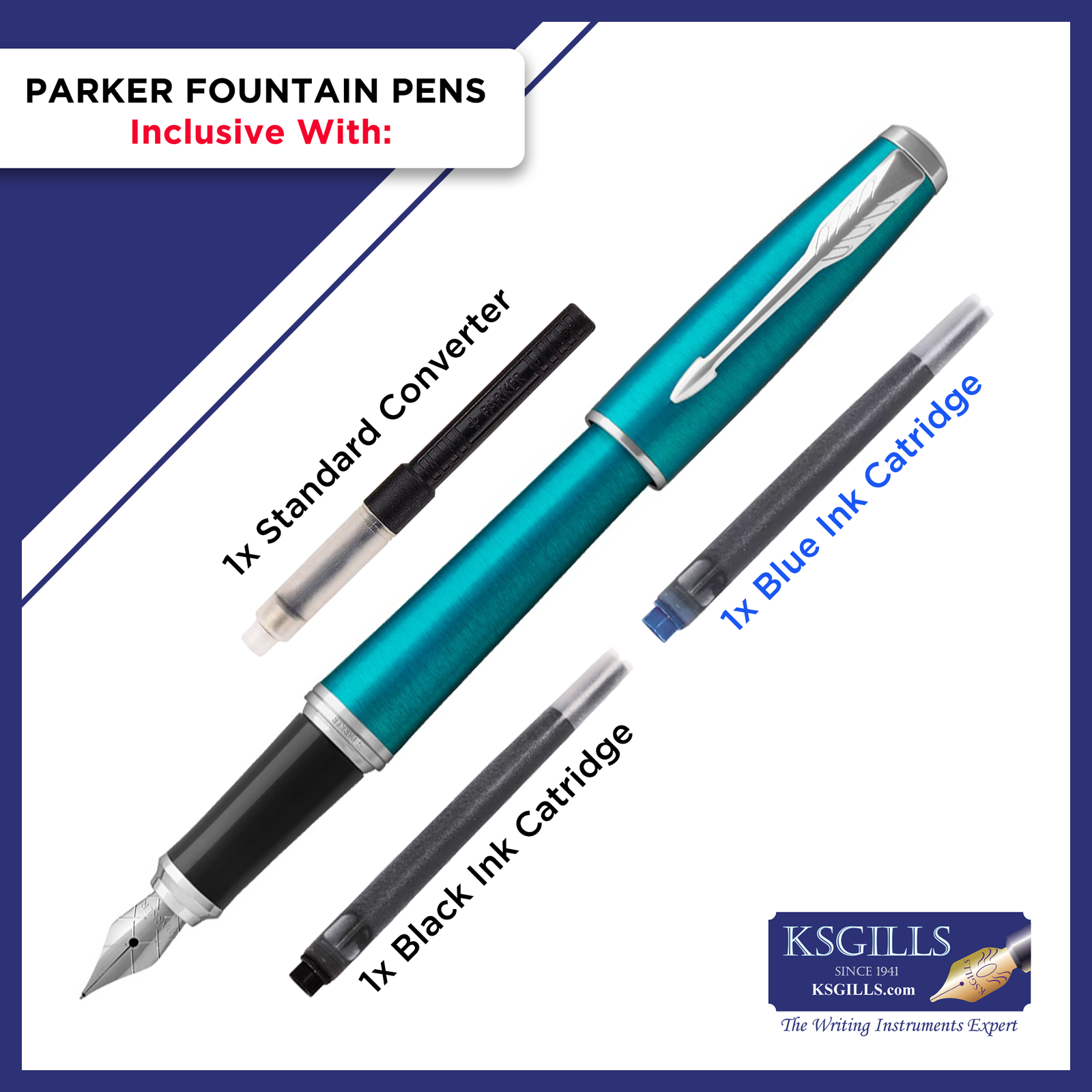 Parker Urban Fountain Pen - Vibrant Blue Aqua Chrome Trim - Medium (M) - KSGILLS.com | The Writing Instruments Expert