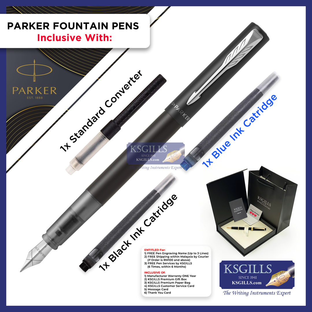 KSG set - Parker Vector XL Fountain Pen SET - Black Chrome Trim - KSGILLS.com | The Writing Instruments Expert