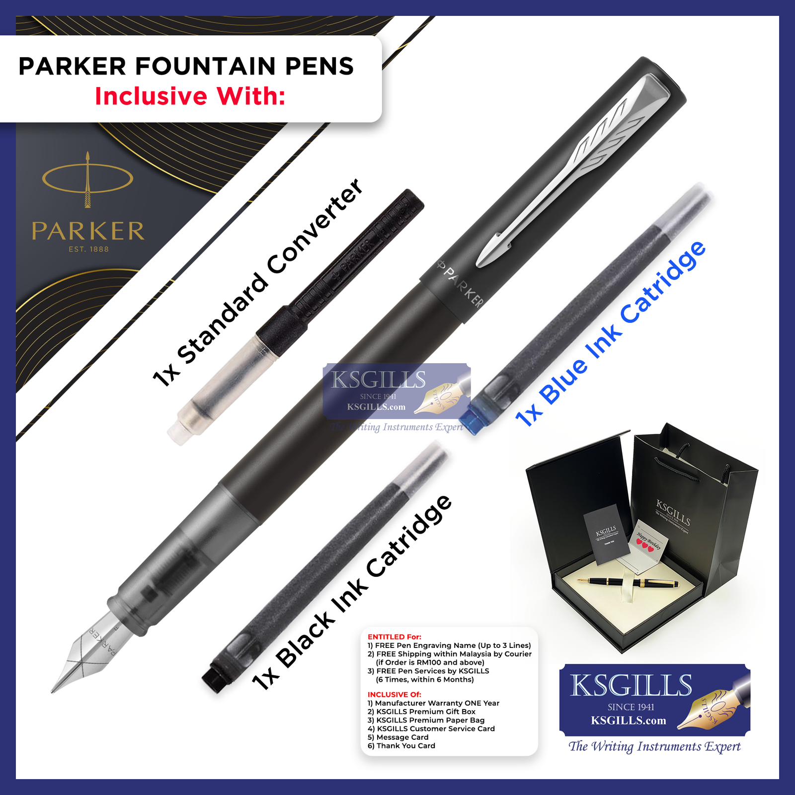 KSG set - Parker Vector XL Fountain Pen SET - Black Chrome Trim - KSGILLS.com | The Writing Instruments Expert
