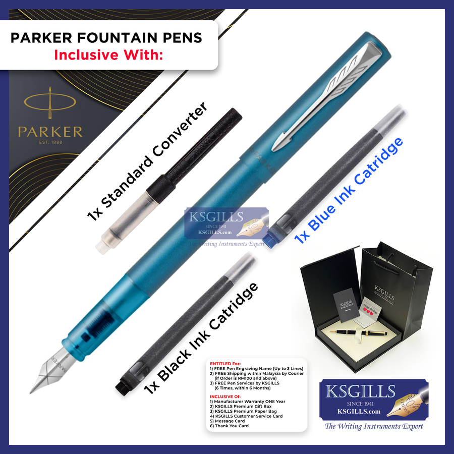 KSG set - Parker Vector XL Fountain Pen SET - Teal Blue Chrome Trim - KSGILLS.com | The Writing Instruments Expert