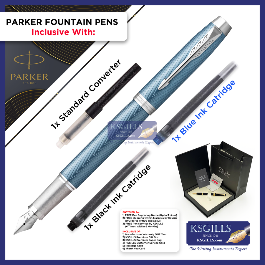 Parker IM Premium Fountain Pen - Blue Grey Lacquer Chiselled Chrome Trim - KSGILLS.com | The Writing Instruments Expert