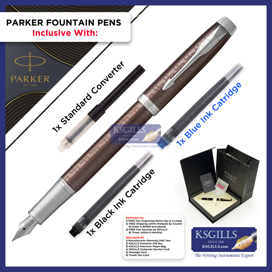 Parker IM Premium Fountain Pen - Brown Lacquer Chiselled Chrome Trim - KSGILLS.com | The Writing Instruments Expert