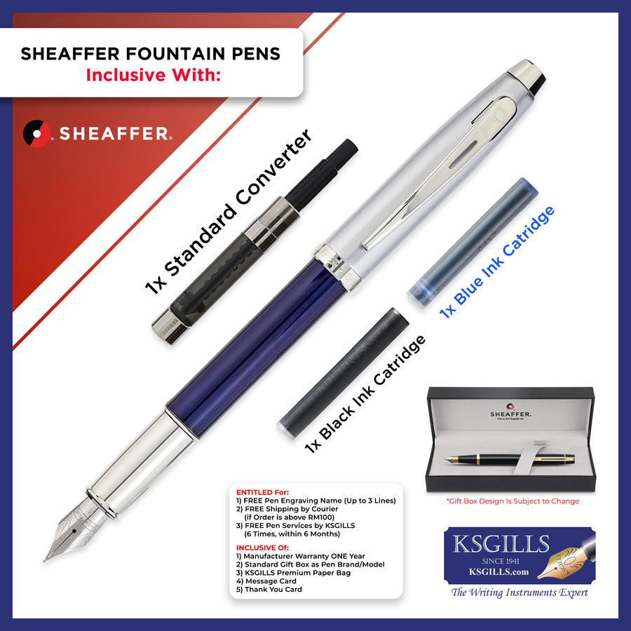 Sheaffer 100 Fountain Pen SET - Blue Barrel with Chrome Trim Cap - KSGILLS.com | The Writing Instruments Expert
