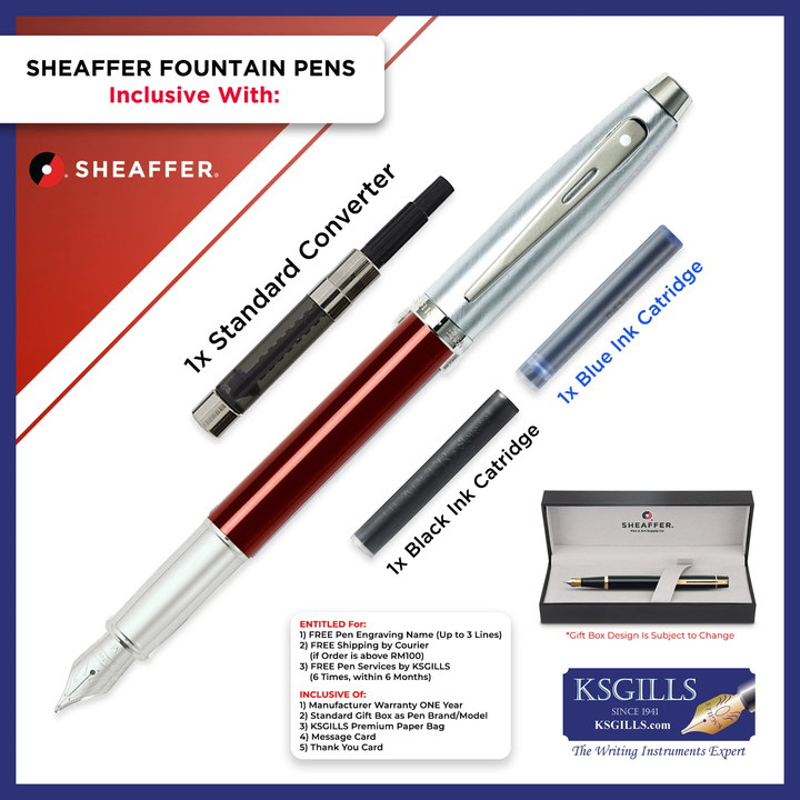 Sheaffer 100 Fountain Pen SET - Red Barrel with Chrome Trim Cap - KSGILLS.com | The Writing Instruments Expert