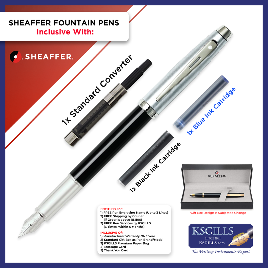 Sheaffer 100 Fountain Pen SET - Black Lacquer Barrel with Chrome Cap - KSGILLS.com | The Writing Instruments Expert