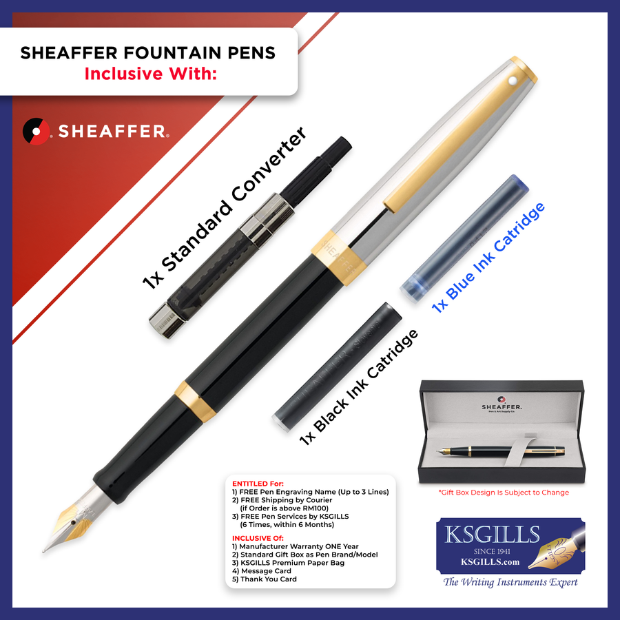 Sheaffer Sagaris Fountain Pen Set - Black Chrome Cap Gold Trim - KSGILLS.com | The Writing Instruments Expert