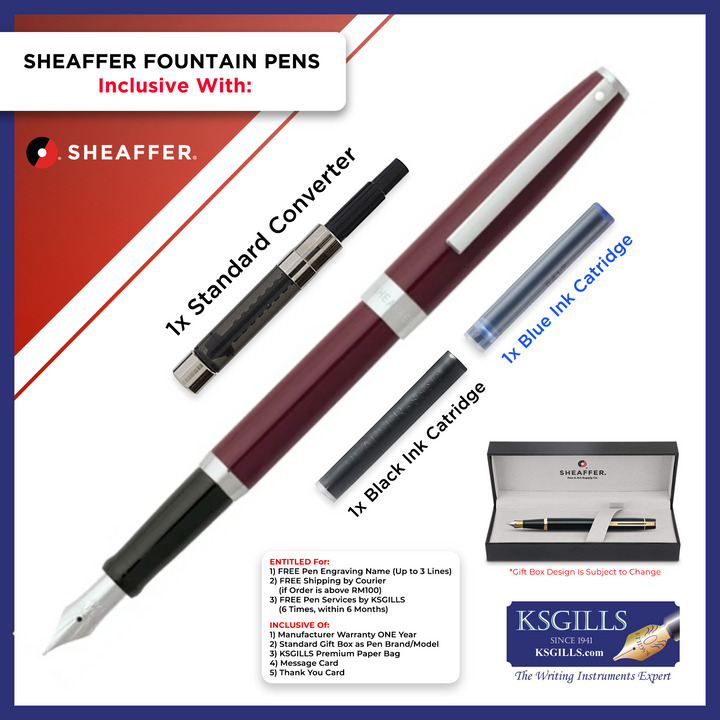 Sheaffer Sagaris Fountain Pen Set - Shiny Maroon Lacquer Chrome Trim - KSGILLS.com | The Writing Instruments Expert