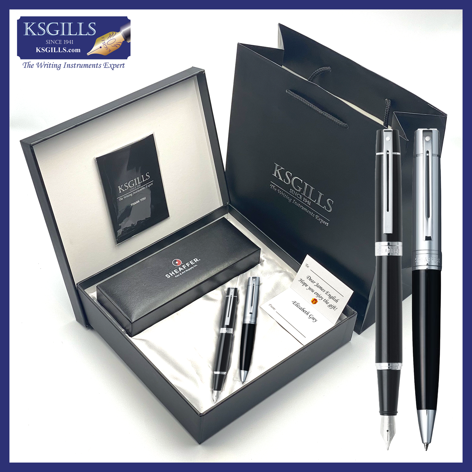 KSG set - Sheaffer 300 SET Fountain Black Lacquer Chrome Trim & Ballpoint Pen Black Chrome Cap (with LUXURY Design Gift Box) - KSGILLS.com | The Writing Instruments Expert
