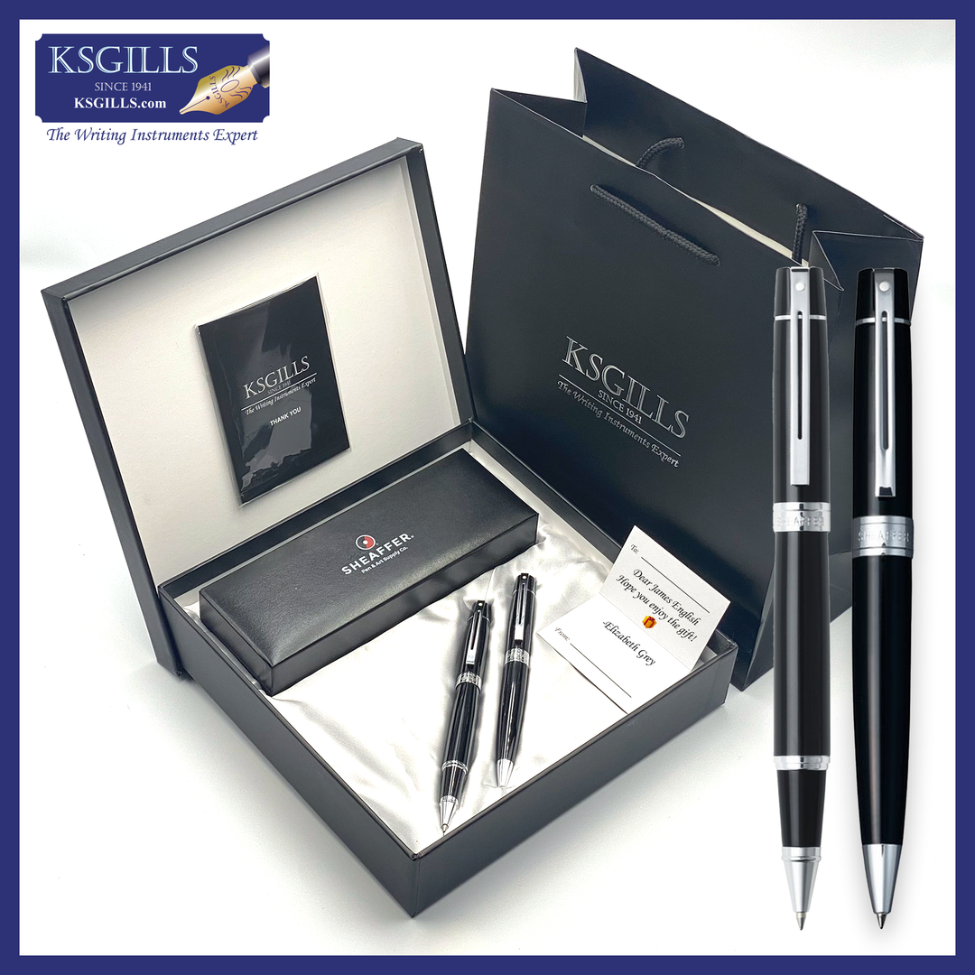 KSG set - Sheaffer 300 SET Rollerball & Ballpoint Pen Set - Black Lacquer Chrome Trim (with LUXURY Design Gift Box) - KSGILLS.com | The Writing Instruments Expert