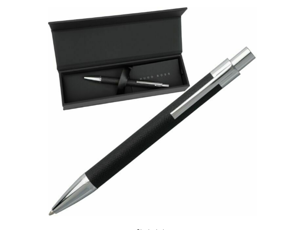 Hugo Boss Saffiano Ballpoint Pen - Black Dark Blue Chrome Trim - KSGILLS.com | The Writing Instruments Expert